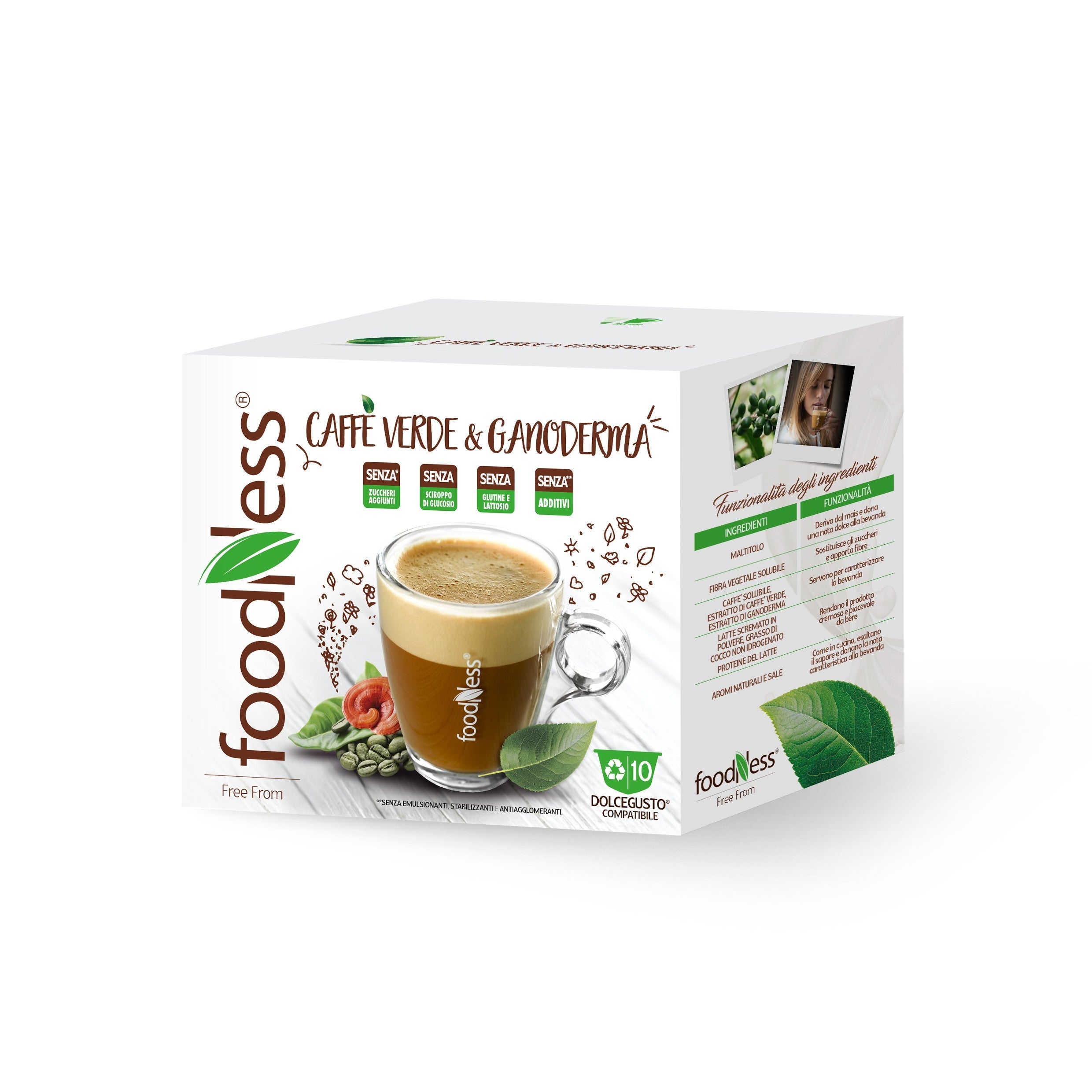 Scopri 10 capsule FoodNess Caffè Verde & Ganoderma compatibili Dolce Gusto  –