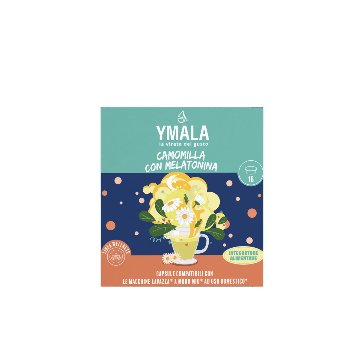 Ymala Camomilla con Melatonina Infuso Rilassante - 16 Capsule Compatibili Lavazza A Modo Mio