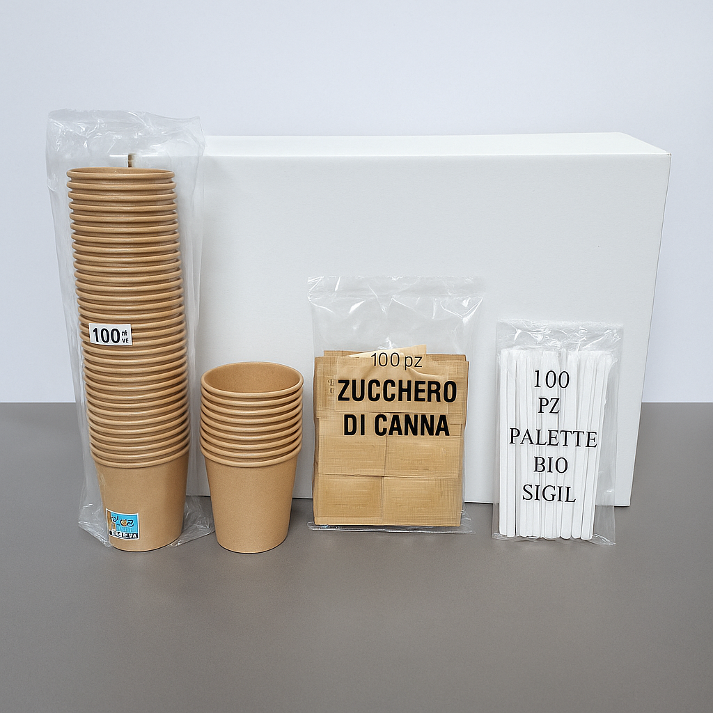 Kit Accessori Caffè con 100 Bicchieri, 100 Palette e 100 Bustine di Zucchero di Canna