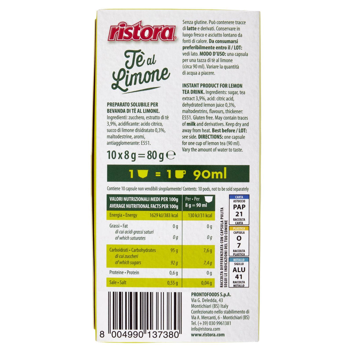 10 Capsule Compatibili Nespresso Ristora - Tè al Limone