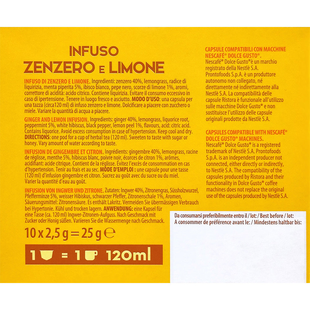 10 Capsule Compatibili Nescafé Dolce Gusto Ristora - Zenzero e Limone