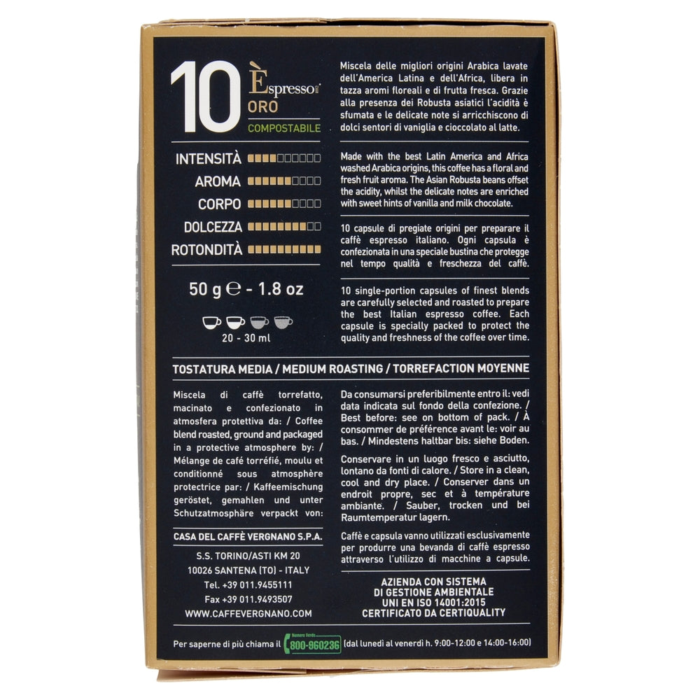 10 Capsule Vergnano Compatibili Nespresso Oro Compostabile