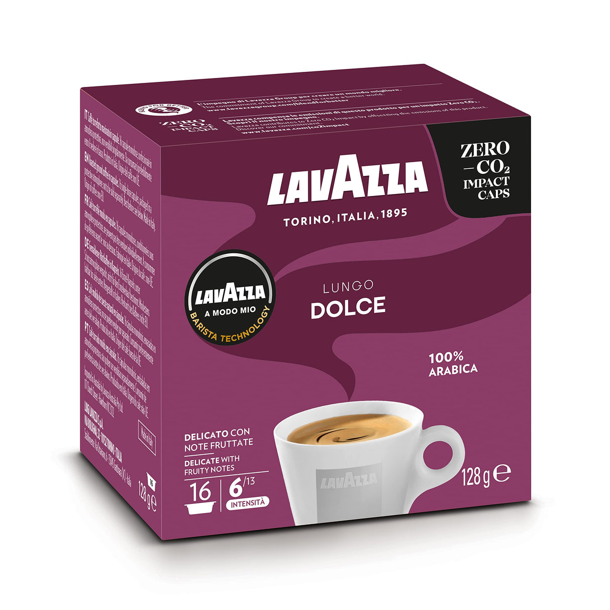 16 Capsule Lavazza A Modo Mio Lungo Dolce – Espresso Lungo 100% Arabica con Note Floreali e Fruttate