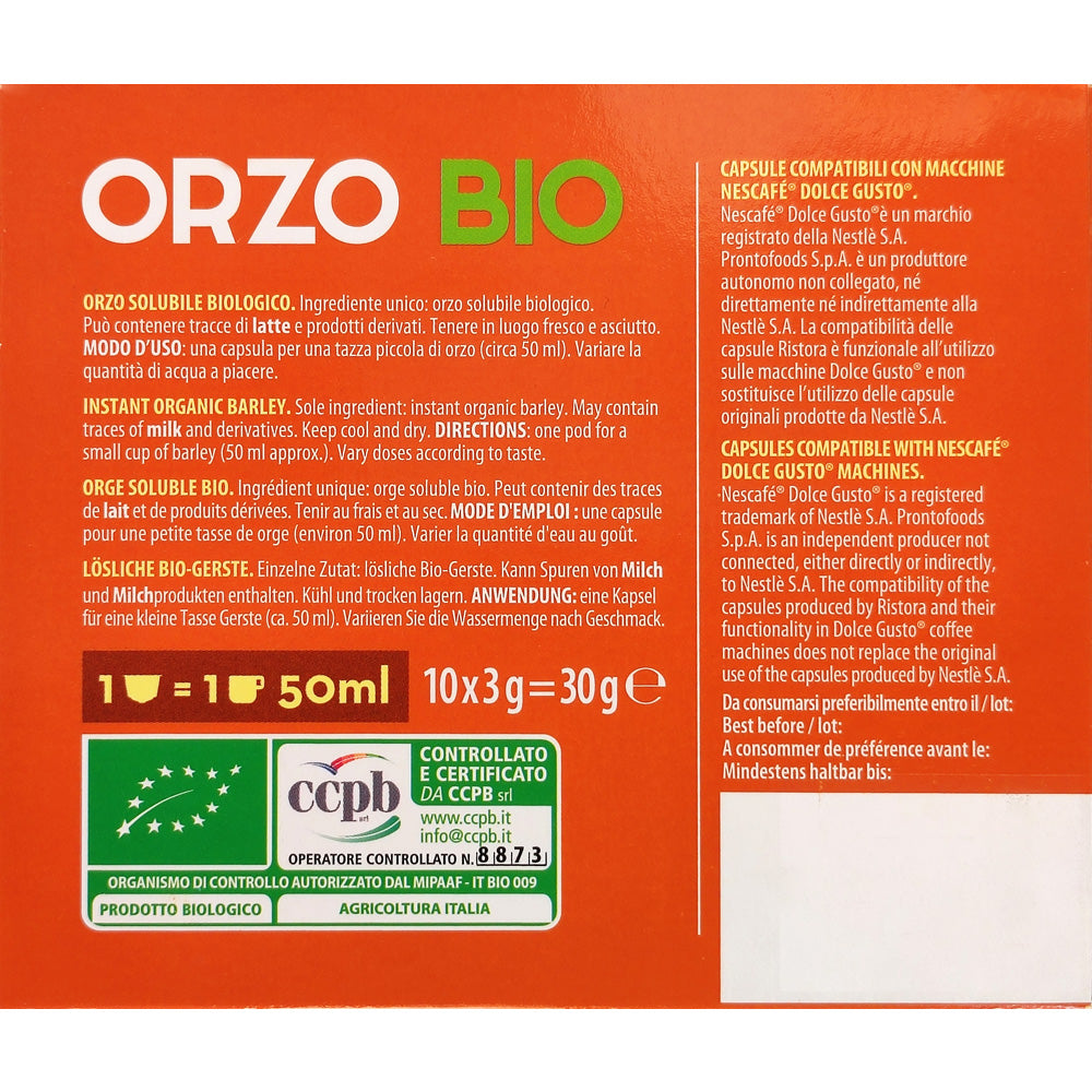 10 Capsule Ristora Orzo Biologico per Nescafè Dolce Gusto