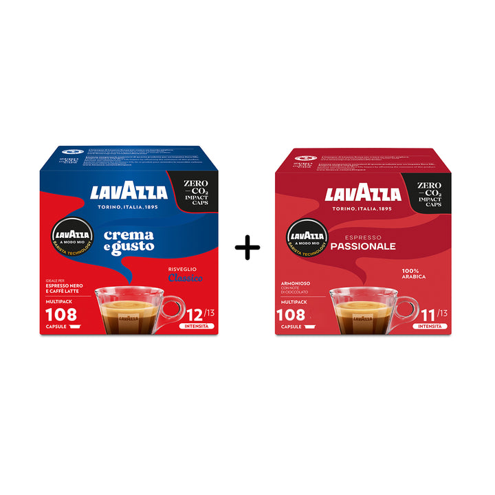 kit di 216 capsule Lavazza A Modo Mio: Crema e Gusto + Passionale