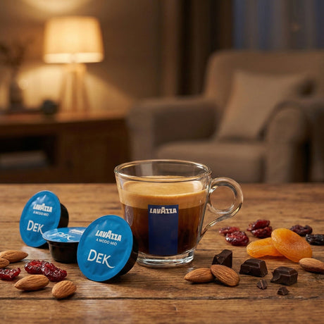 Capsule Lavazza A Modo Mio Decaffeinato Dek affiancate a una tazzina di espresso con crema densa – test comparativo gusto