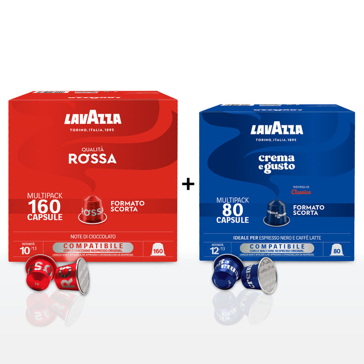 Kit di 240 capsule Lavazza compatibili per Nespresso: 160 capsule Qualità Rossa + 80 capsule Crema e Gusto Classico