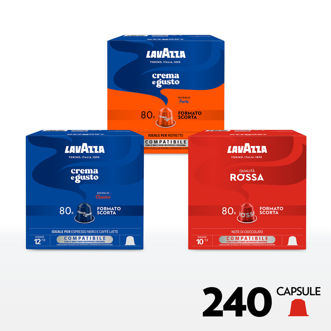 Kit di 240 capsule Lavazza per Nespresso: Crema e Gusto Forte + Crema e Gusto Classico + Qualità Rossa.