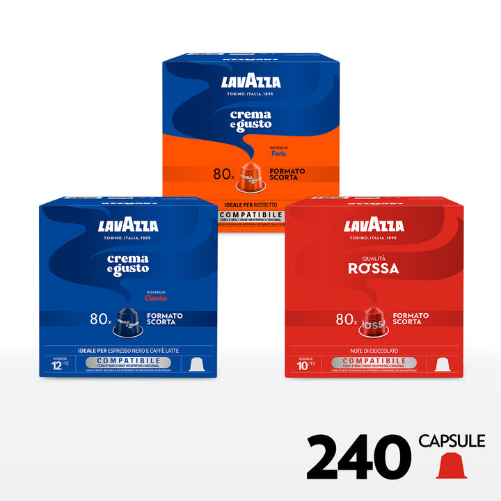 Kit di 240 capsule Lavazza per Nespresso: Crema e Gusto Forte + Crema e Gusto Classico + Qualità Rossa.
