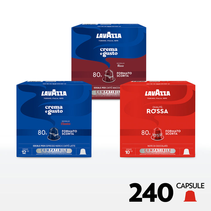 240 capsule Lavazza per Nespresso: 80 caps. Qualità Rossa+ 80 caps. Crema e Gusto Classico + 80 caps. Crema e Gusto Ricco