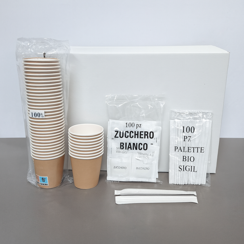 Kit Accessori Caffè con 100 Bicchieri, 100 Bustine di Zucchero e 100 Palette