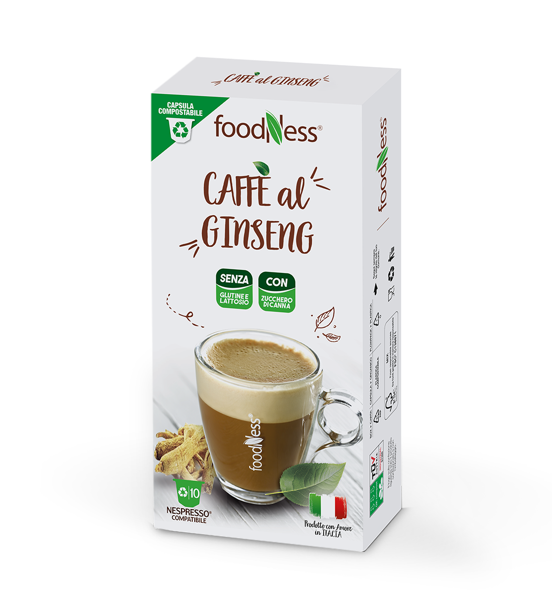 10 Capsule Foodness Compatibili Nespresso Ginseng Con Zucchero Di Canna