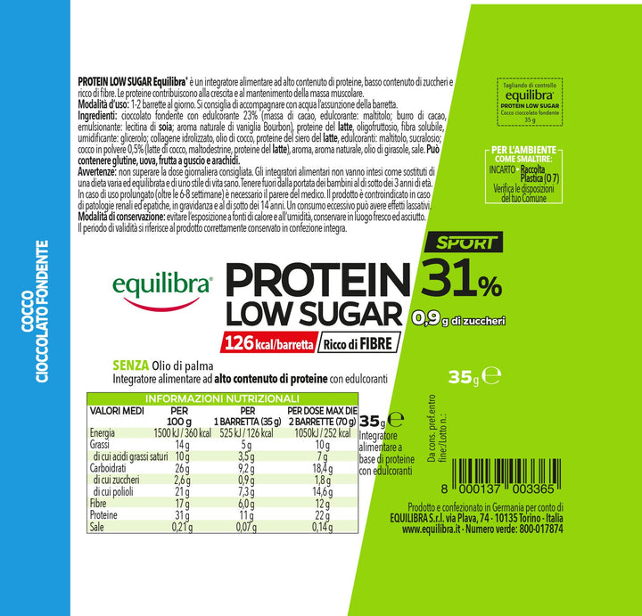 Protein 31% Low Sugar Cocco e Cioccolato Fondente - Barretta Proteica Equilibra con Basso Zucchero