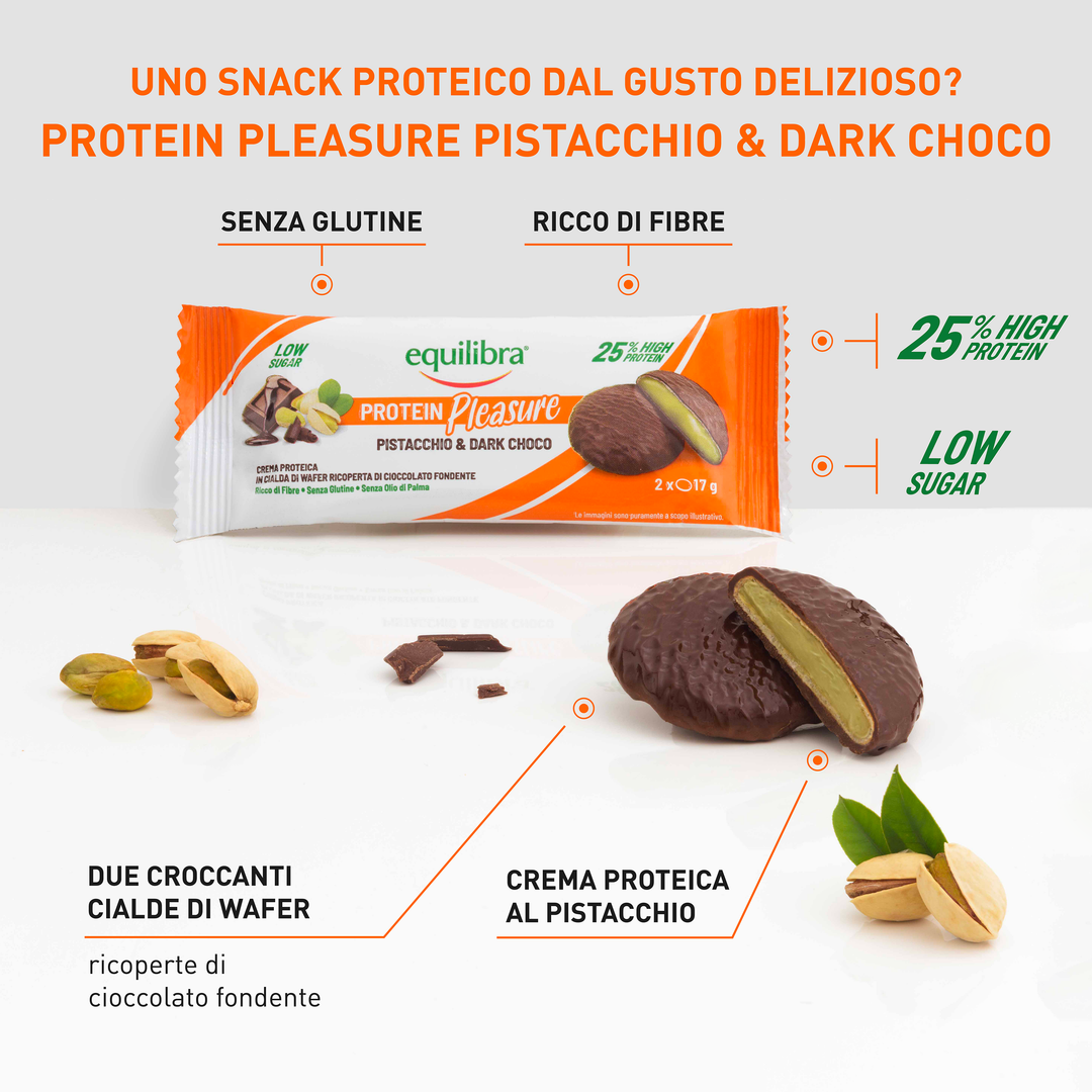 Protein Pleasure Doblone Pistacchio & Cioccolato Fondente - Confezione da 2 Dobloni (2 x 17g) - Snack Proteico Equilibra