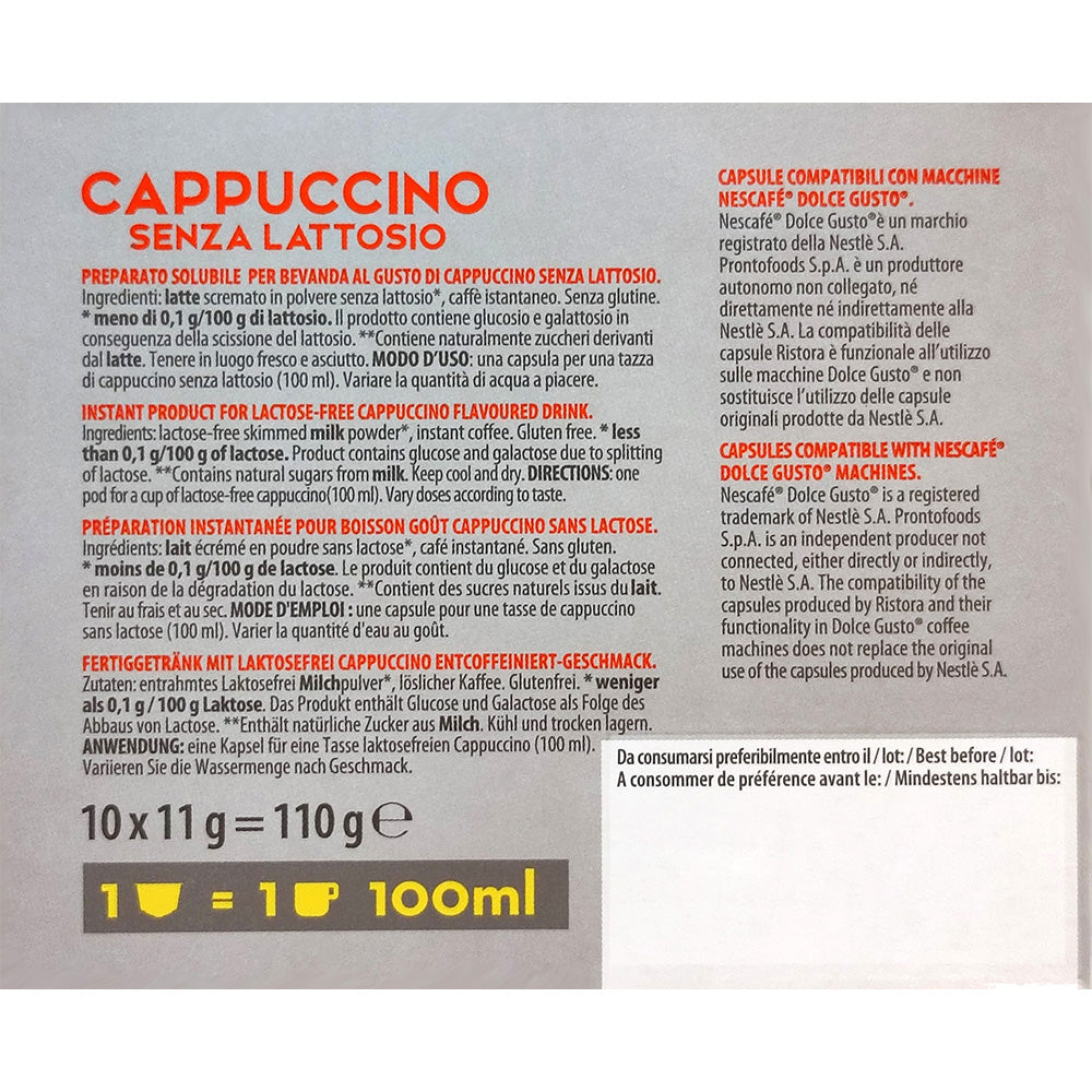 10 Capsule Cappuccino senza lattosio Ristora compatibili Nescafé Dolce Gusto