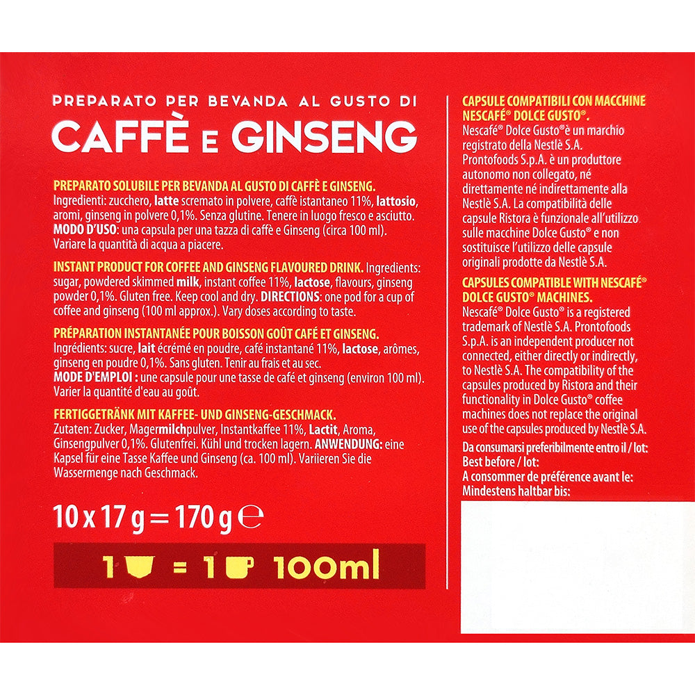 10 Capsule Compatibili Nescafé Dolce Gusto Ristora - Caffè e Ginseng