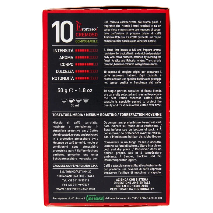 10 Capsule Vergnano cremoso compatibili con Nespresso