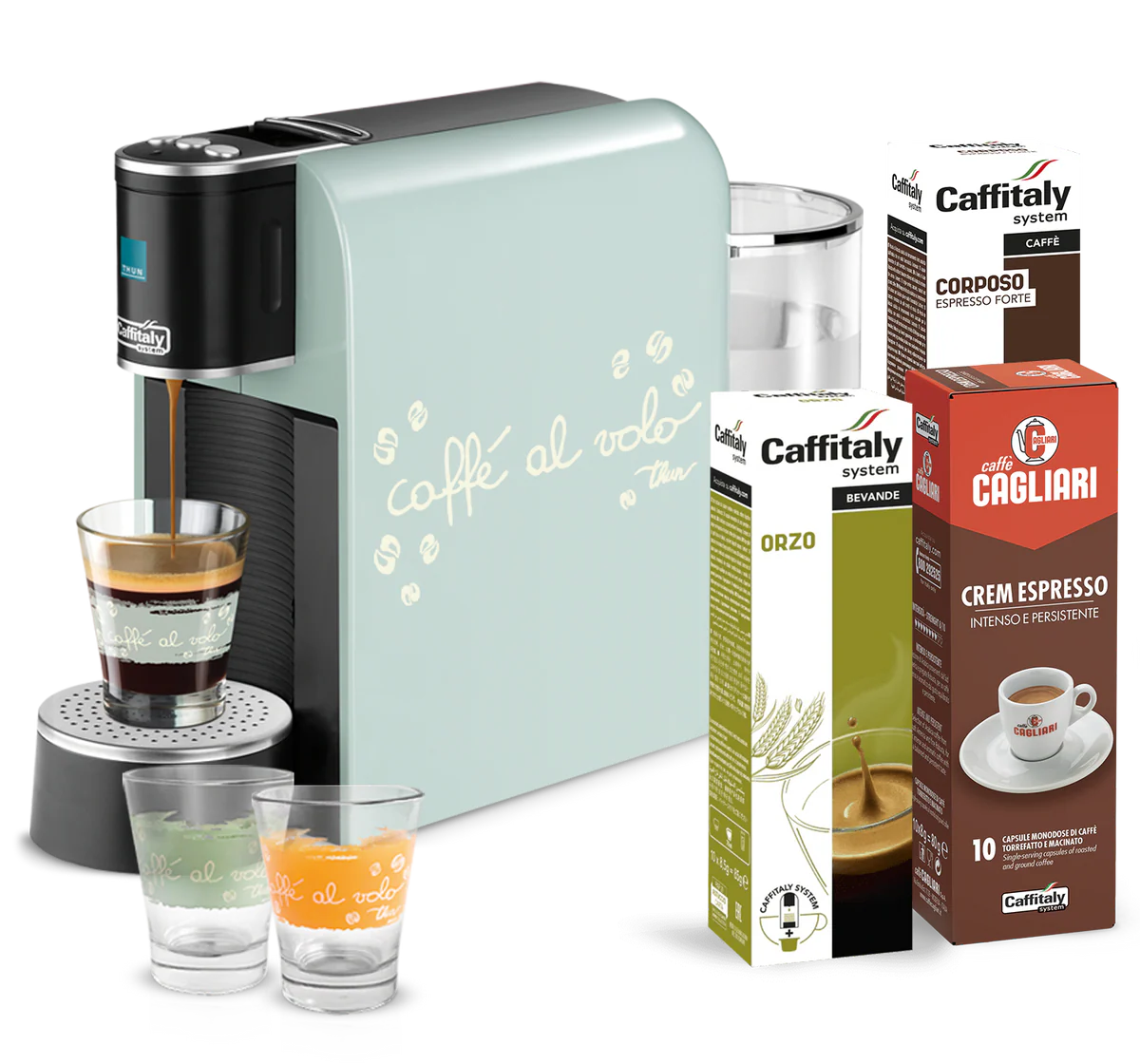 Caffitaly Macchina da caffè Arka - Bundle Thun Green (30 capsule + 2 bicchierini Thun)