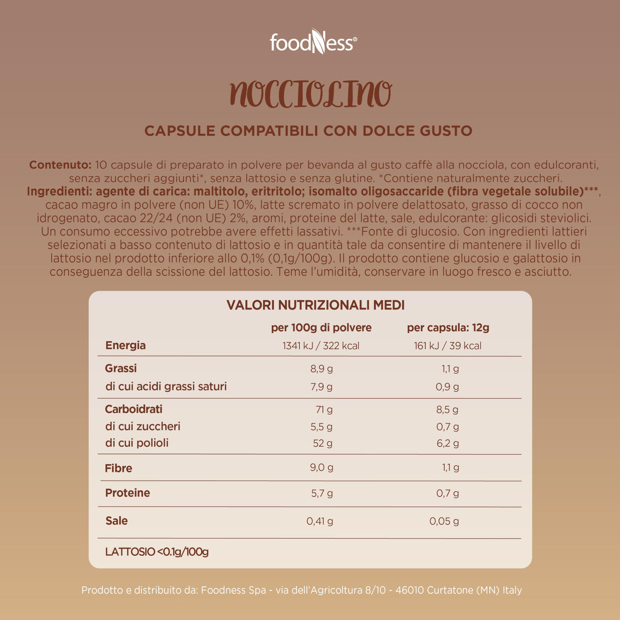 10 Capsule Foodness Nocciolino – Compatibili Nescafé Dolce Gusto, Senza Glutine