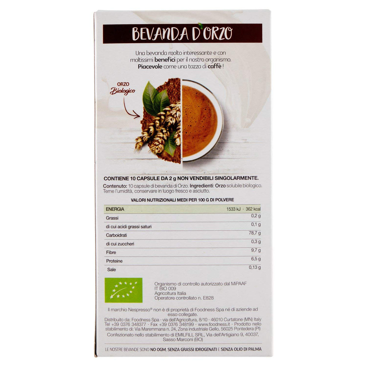 10 Capsule Foodness Bevanda d'Orzo Compatibili Nespresso