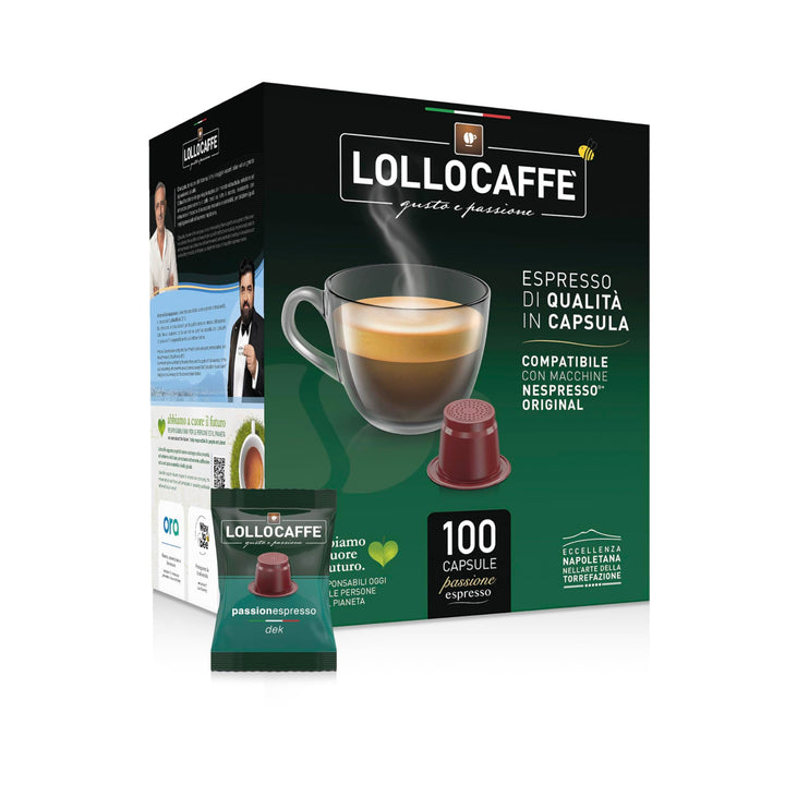 100 Capsule Dek Caffè Lollo Passionespresso compatibili con Nespresso