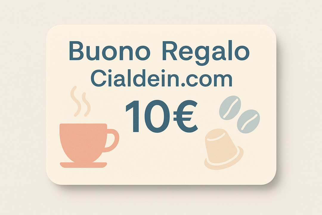 Stile: grafica vettoriale minimal, colori pastello, design pulito.
Oggetto principale: card regalo moderna, orizzontale, con bordo stondato e texture leggera.
Testo grande e ben visibile al centro: “Buono Regalo Cialdein.com”.
Sotto, in evidenza il valore: “10€”.
Elementi decorativi: icone semplici legate al caffè (tazzina fumante stilizzata, chicchi minimal, capsule).
Sfondo: tinta unita chiara, con ombreggiatura soft per dare profondità.
Formato: 1:1 quadrato per Shopify.