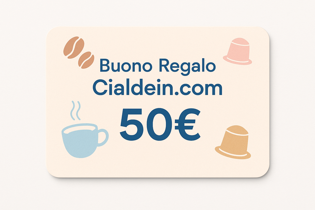 Stile: grafica vettoriale minimal, colori pastello, design pulito.
Oggetto principale: card regalo moderna, orizzontale, con bordo stondato e texture leggera.
Testo grande e ben visibile al centro: “Buono Regalo Cialdein.com”.
Sotto, in evidenza il valore: “50€”.
Elementi decorativi: icone semplici legate al caffè (tazzina fumante stilizzata, chicchi minimal, capsule).
Sfondo: tinta unita chiara, con ombreggiatura soft per dare profondità.
Formato: 1:1 quadrato per Shopify.