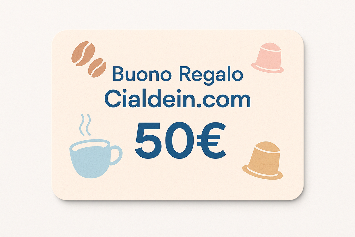 Stile: grafica vettoriale minimal, colori pastello, design pulito.
Oggetto principale: card regalo moderna, orizzontale, con bordo stondato e texture leggera.
Testo grande e ben visibile al centro: “Buono Regalo Cialdein.com”.
Sotto, in evidenza il valore: “50€”.
Elementi decorativi: icone semplici legate al caffè (tazzina fumante stilizzata, chicchi minimal, capsule).
Sfondo: tinta unita chiara, con ombreggiatura soft per dare profondità.
Formato: 1:1 quadrato per Shopify.