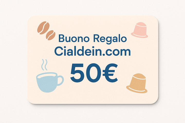 Stile: grafica vettoriale minimal, colori pastello, design pulito.
Oggetto principale: card regalo moderna, orizzontale, con bordo stondato e texture leggera.
Testo grande e ben visibile al centro: “Buono Regalo Cialdein.com”.
Sotto, in evidenza il valore: “50€”.
Elementi decorativi: icone semplici legate al caffè (tazzina fumante stilizzata, chicchi minimal, capsule).
Sfondo: tinta unita chiara, con ombreggiatura soft per dare profondità.
Formato: 1:1 quadrato per Shopify.
