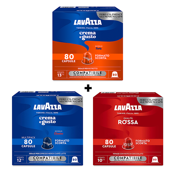 Kit di 240 capsule Lavazza per Nespresso: Crema e Gusto Forte + Crema e Gusto Classico + Qualità Rossa.